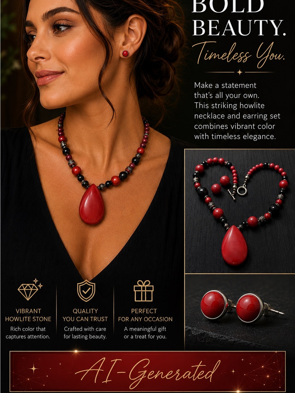 Red Howlite Stone Statement Necklace Red Silver Black 18 inches